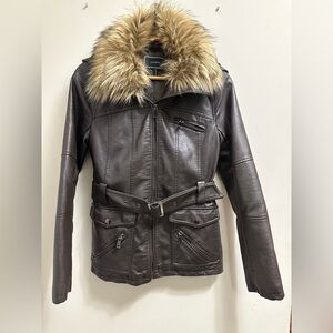 Le Chateau Brown Faux Leather Jacket with Faux Fur Collar